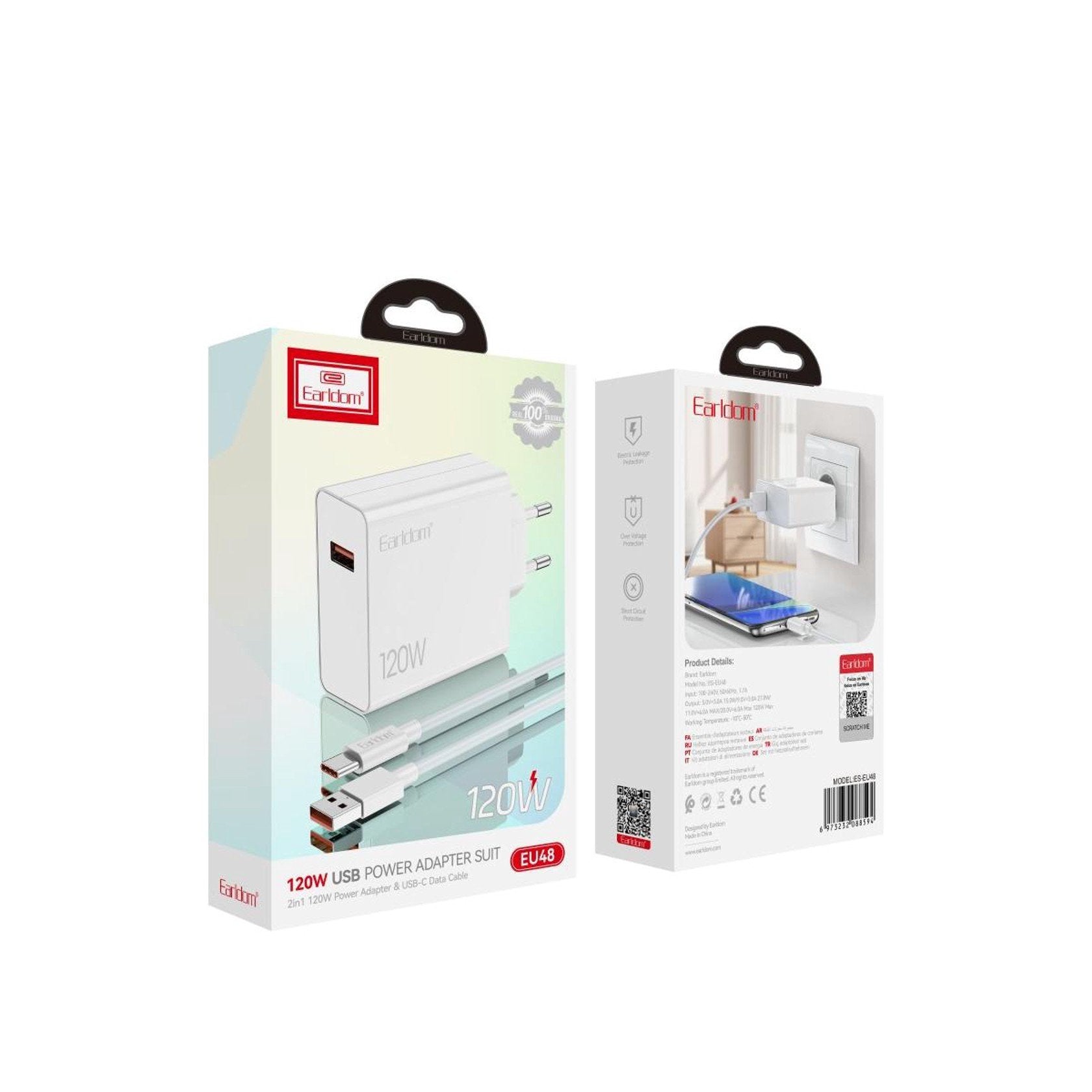 Adapter muri + kabllo Type-C Earldom EU48, 120W