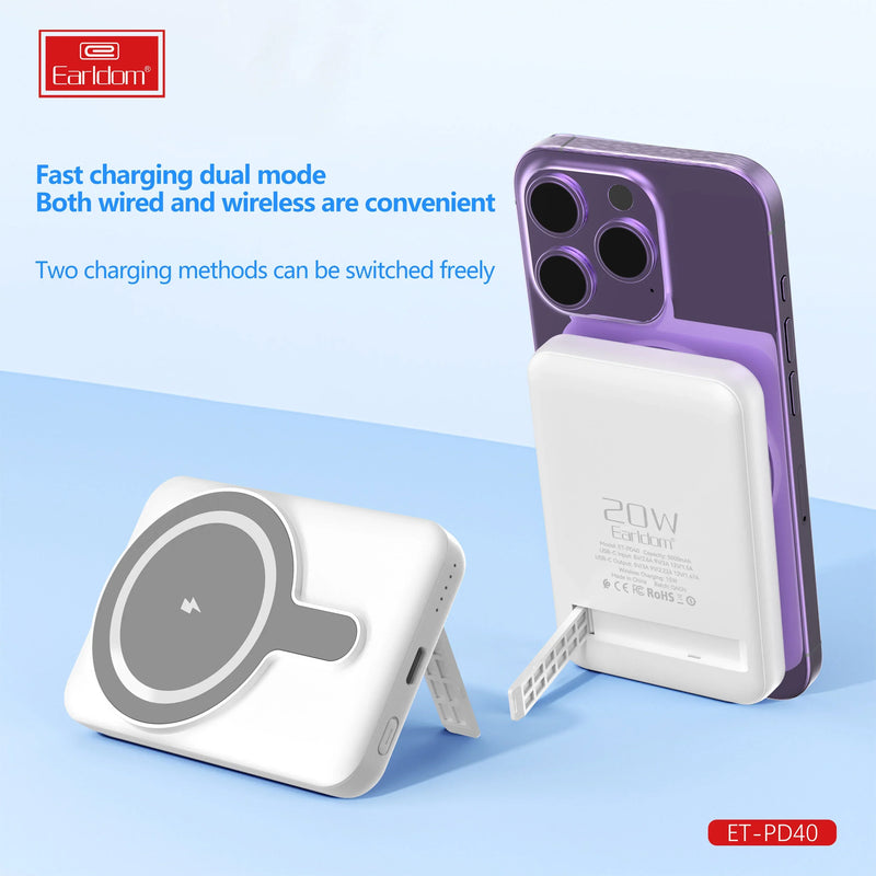Powerbank magnetik Earldom PD40, 5000mAh, 15W wireless, 20W PD fast charge