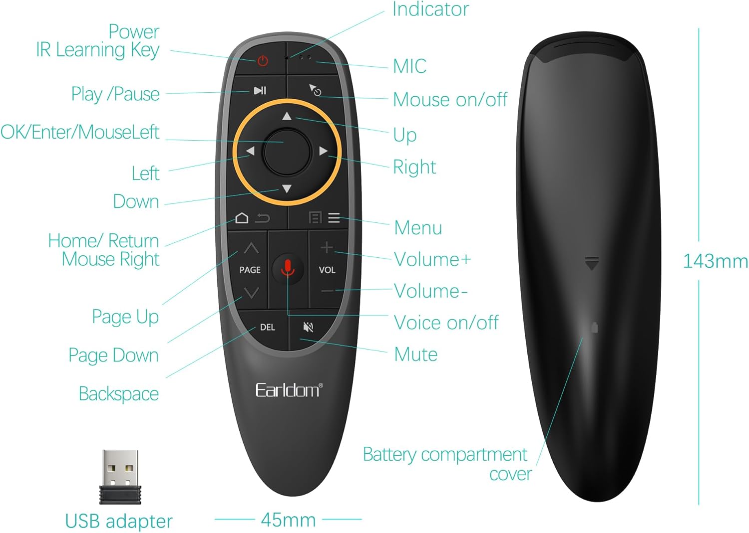 Telekomandë Earldom RM01, 2.4GHz, Air Mouse, me gyroscope dhe voice control