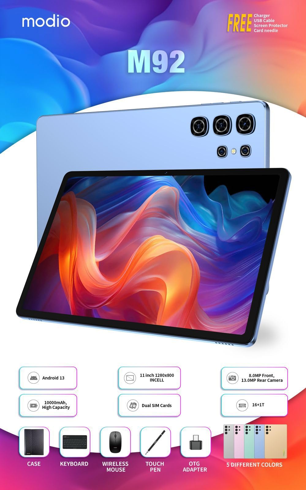 Tablet Modio M92, 16GB RAM / 1TB, Dual-SIM, 11" – me tastierë, maus dhe futrollë, i kaltër