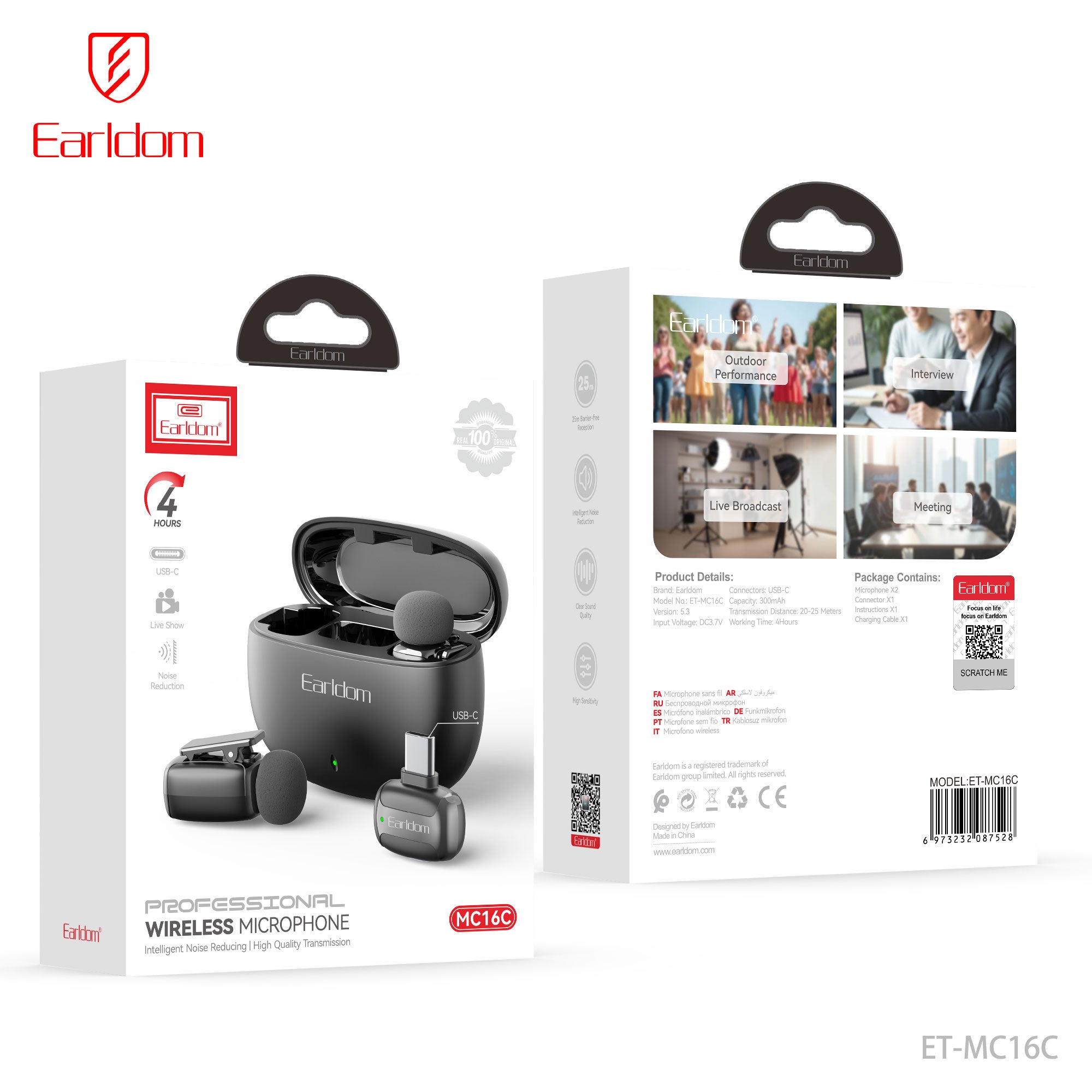 Mikrofon wireless Earldom MC16C, set 2 copë me kuti karikimi, type-c