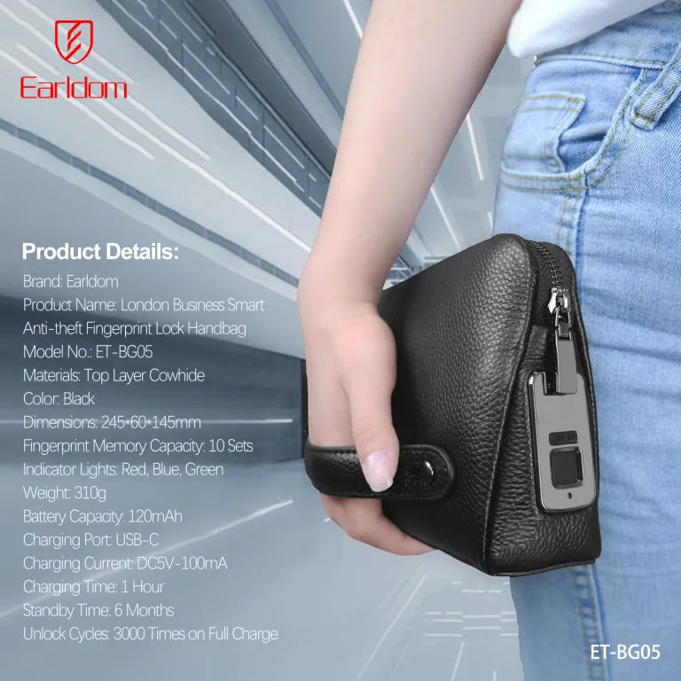 Çantë dore për meshkuj Earldom BG05, anti-theft, me fingerprint lock, lëkurë premium